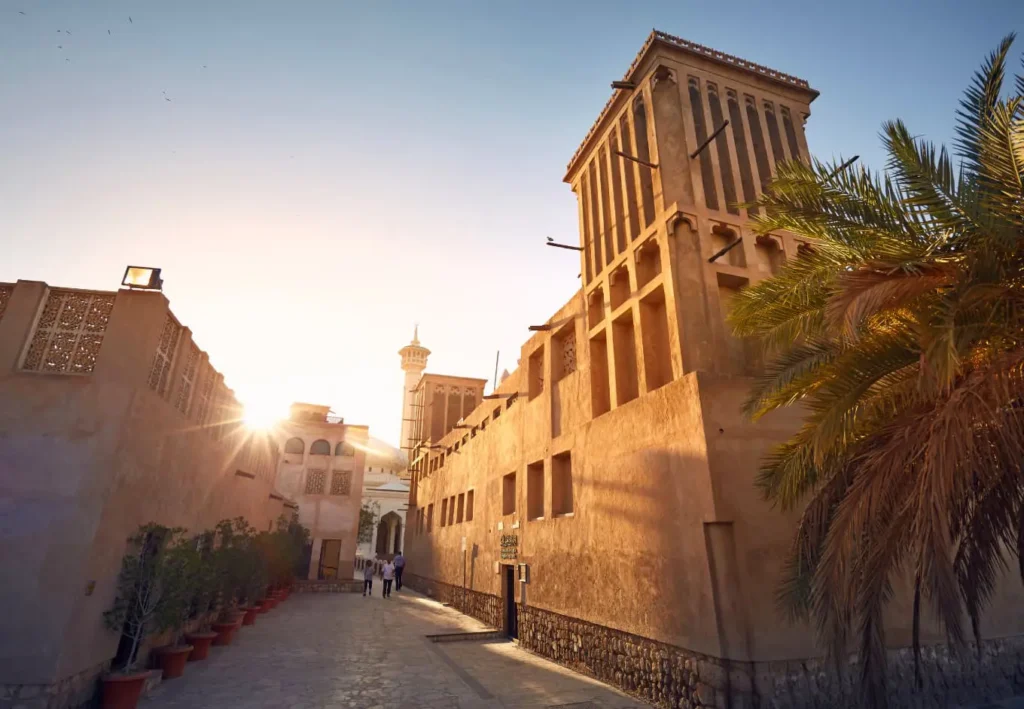Al Fahidi Historical Neighbourhood in Dubai with traditional wind towers and narrow alleys