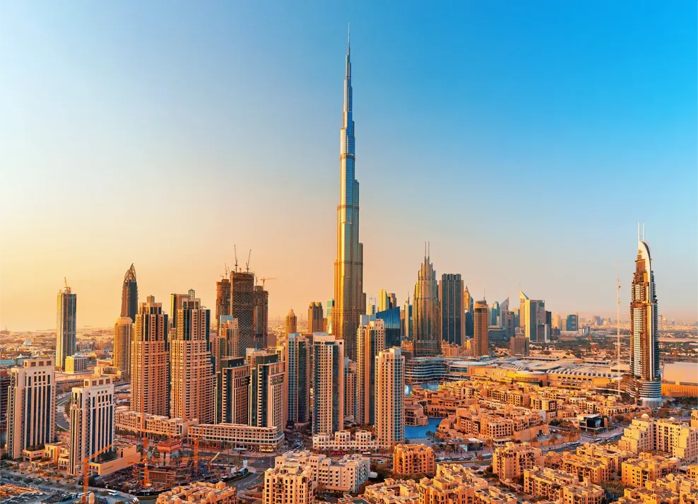 Skyline view of Burj Khalifa, the tallest building in the world, during sunset in Dubai