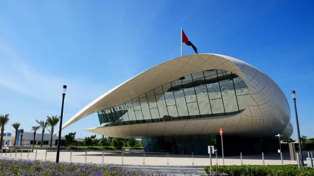 Futuristic building of Etihad Museum in Dubai, showcasing UAE’s union history.