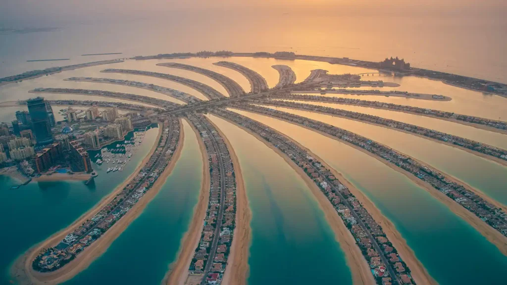 Aerial view of Palm Jumeirah, the iconic palm-shaped artificial island in Dubai